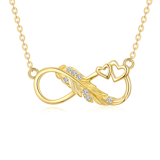 Collier en or 14K à pendentifs en zircon cubique avec symbole de la plume et de l'infini