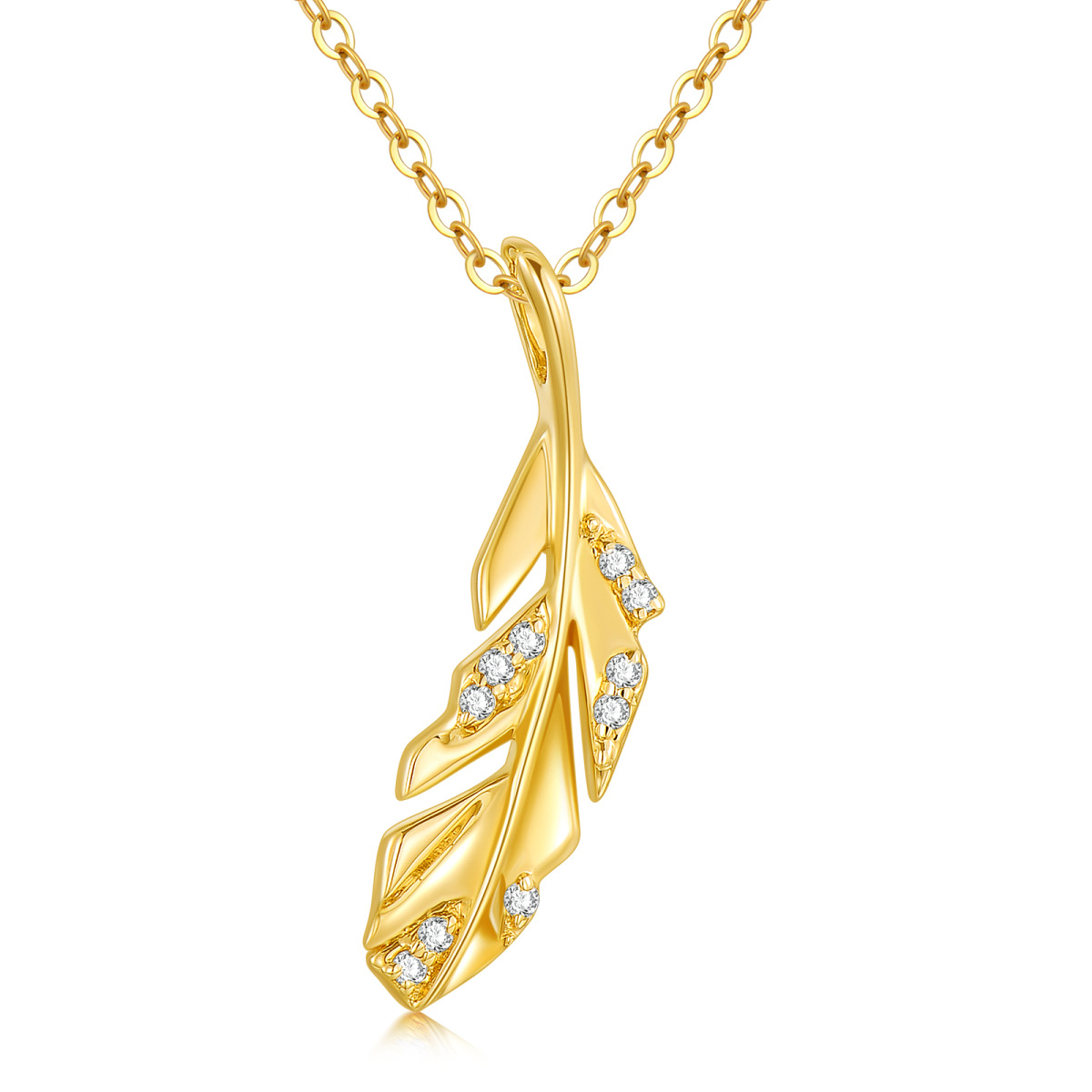 18K Gold Cubic Zirconia Feather Pendant Necklace-1