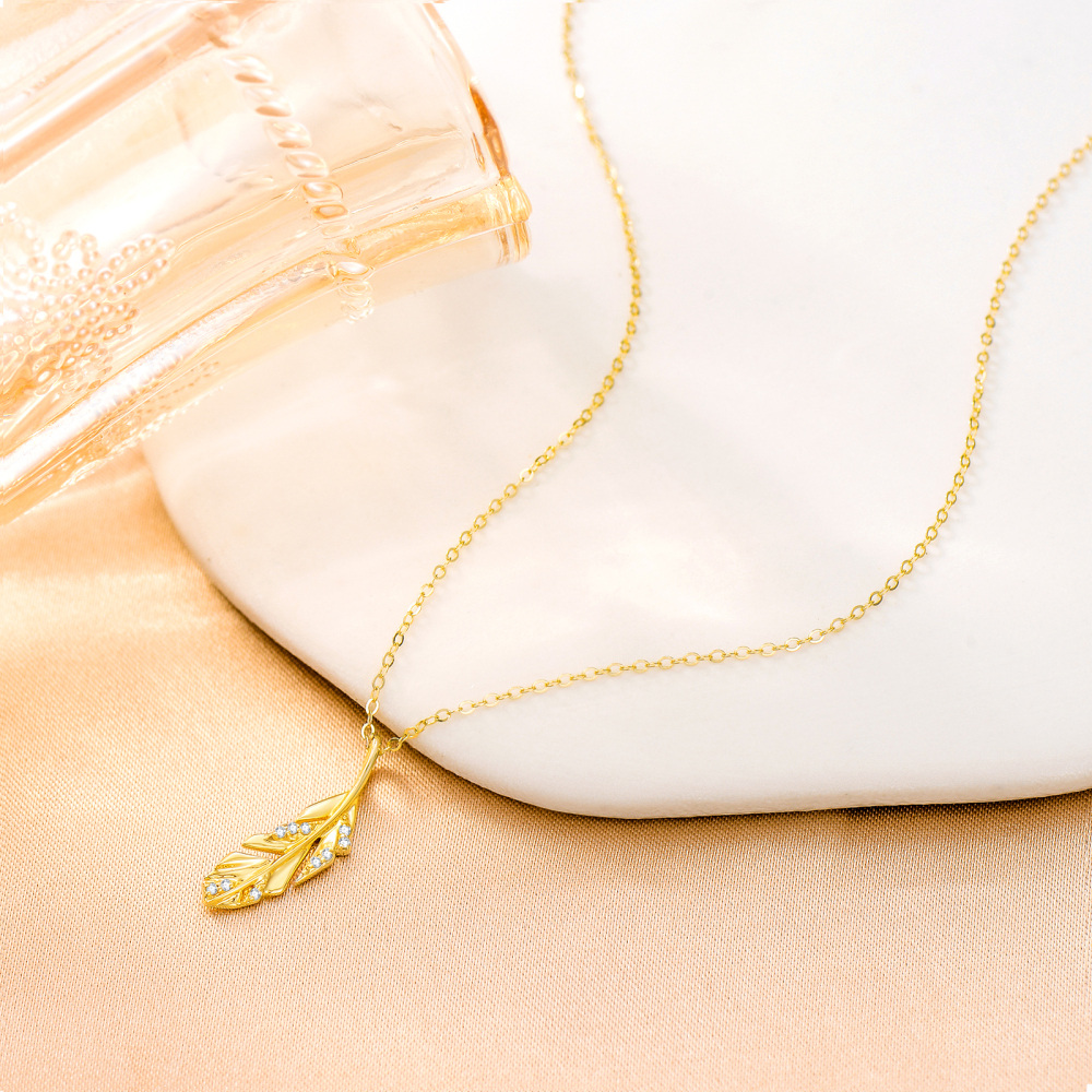 10K Gold Cubic Zirconia Feather Pendant Necklace-3