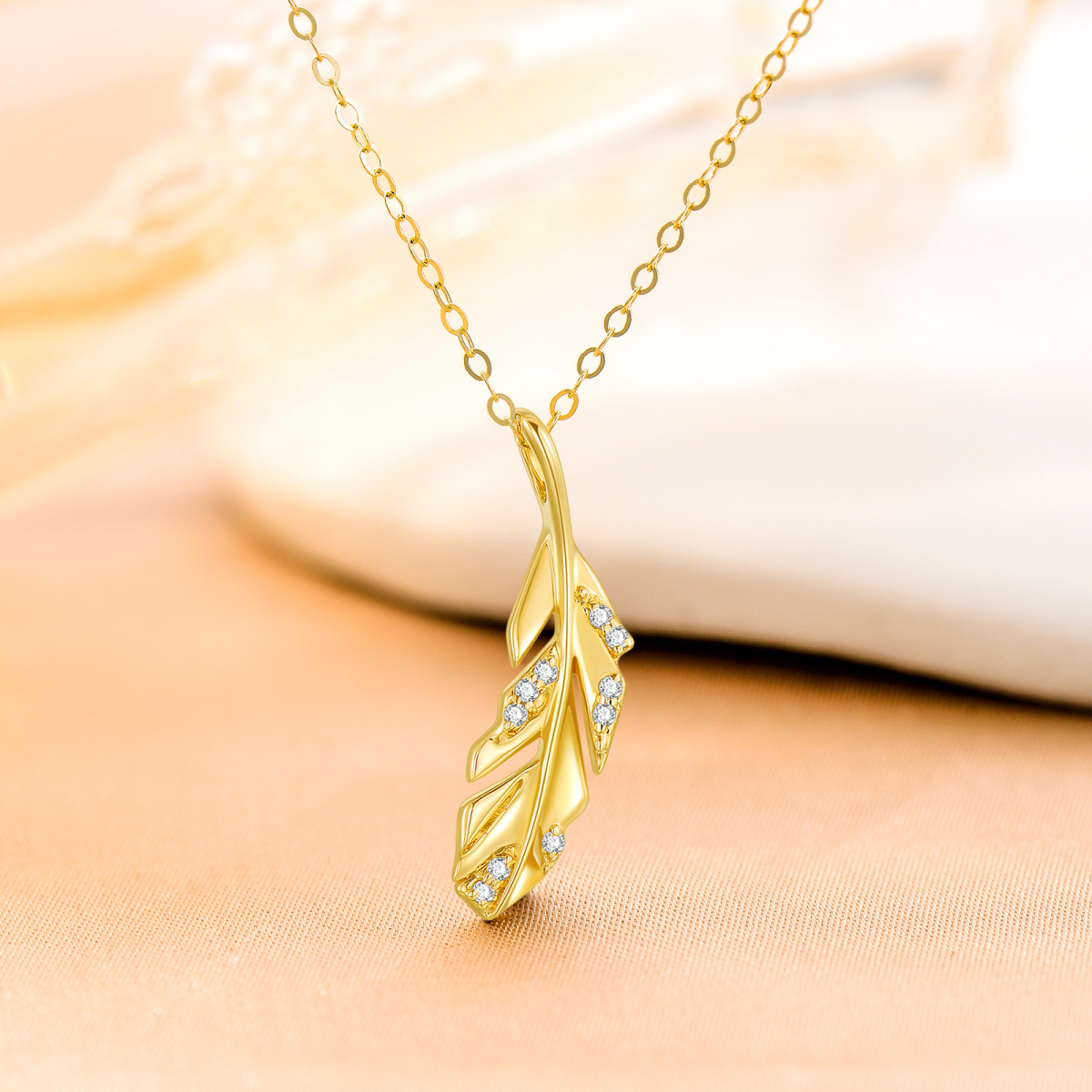 10K Gold Cubic Zirconia Feather Pendant Necklace-4