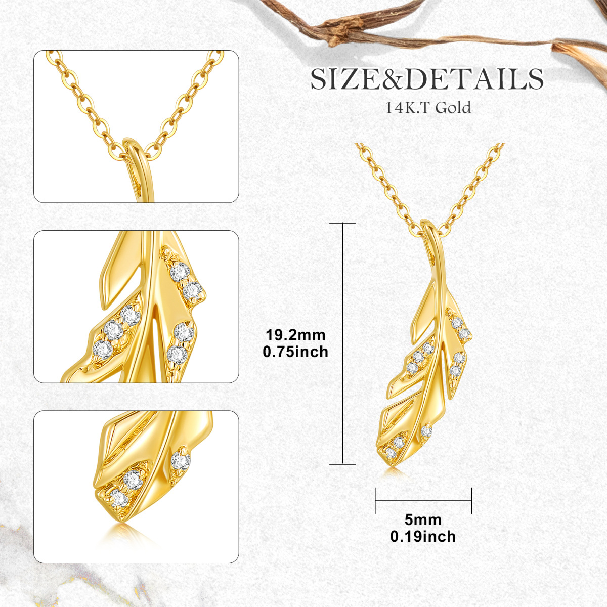 14K Gold Cubic Zirconia Feather Pendant Necklace-5