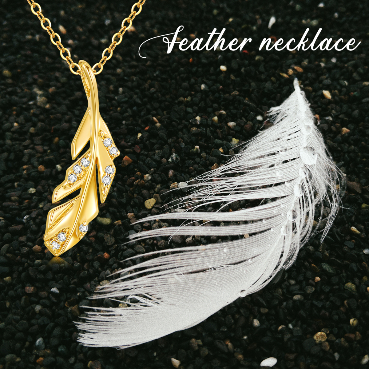 14K Gold Cubic Zirconia Feather Pendant Necklace-6