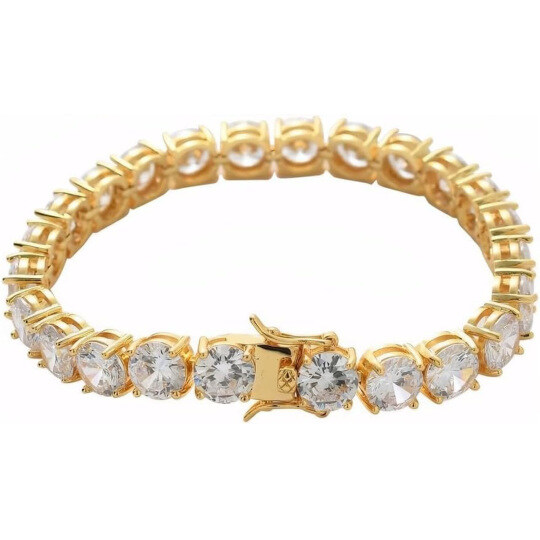 Pulseira de Tênis Cintilante em Ouro 14K com Moissanita Redonda Cheia de 8 mm