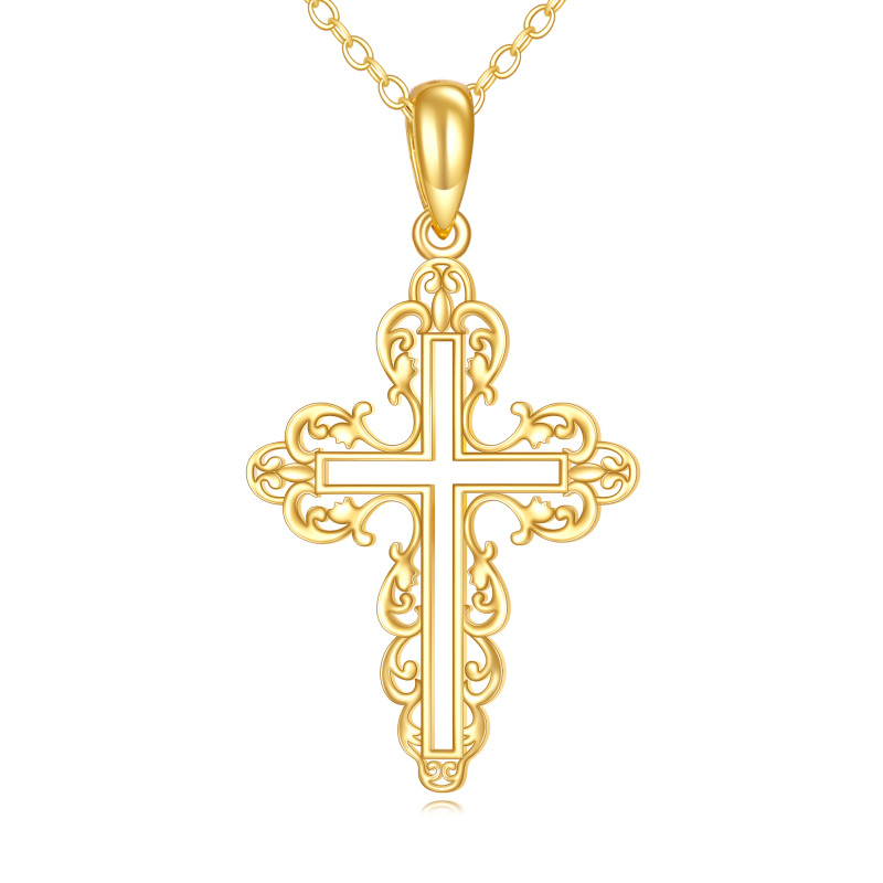 18K Gold Filigree Openwork Cross Pendant Necklace-1