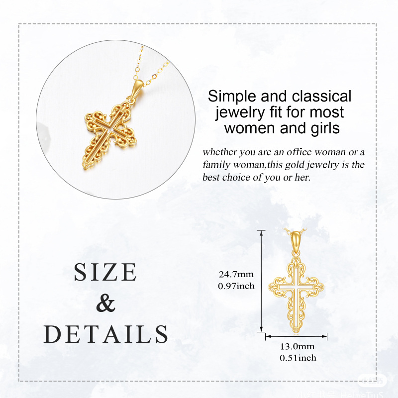 18K Gold Filigree Openwork Cross Pendant Necklace-5