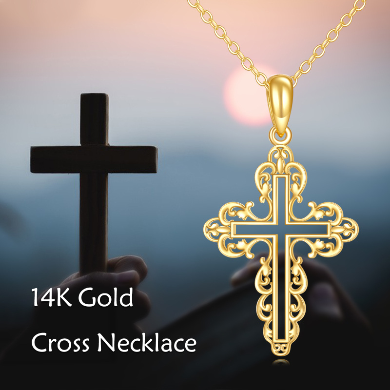 18K Gold Filigree Openwork Cross Pendant Necklace-6