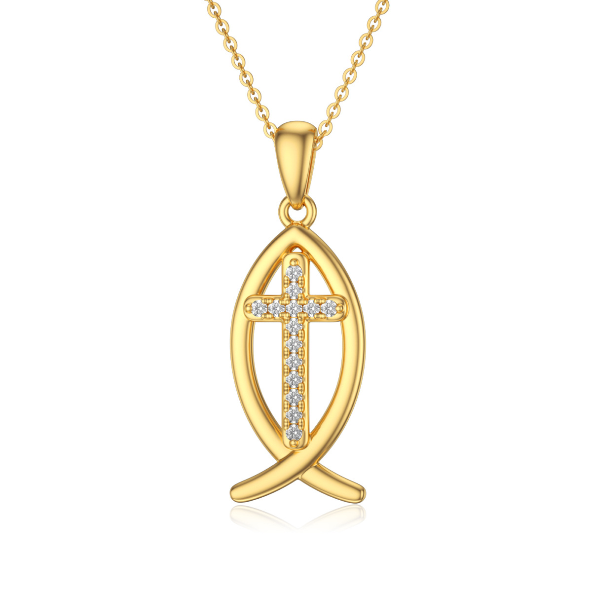 14K Gold Cubic Zirconia Fish & Cross Pendant Necklace-1