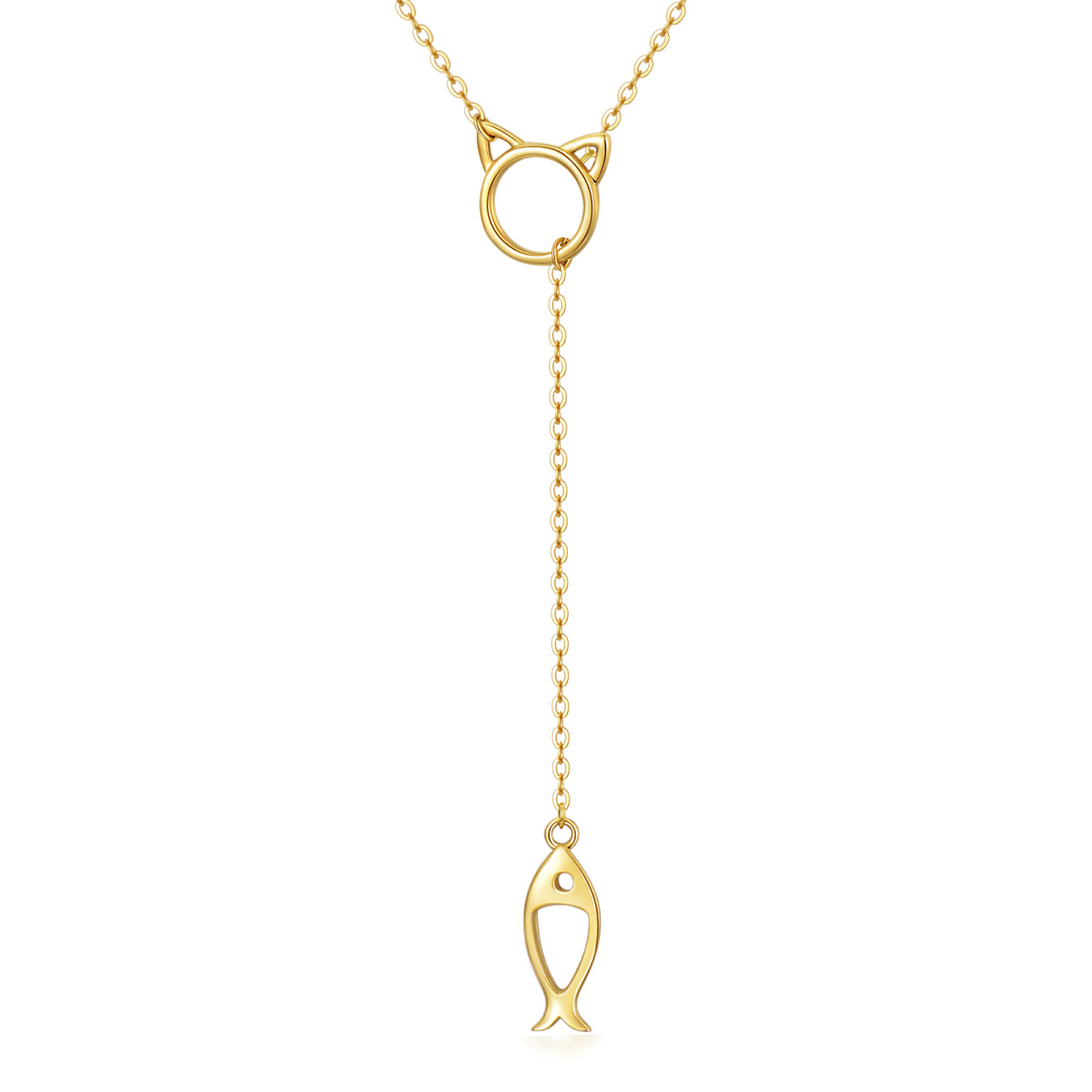 Colar Lariat com pingente de gato em ouro 14K para mulheres-1