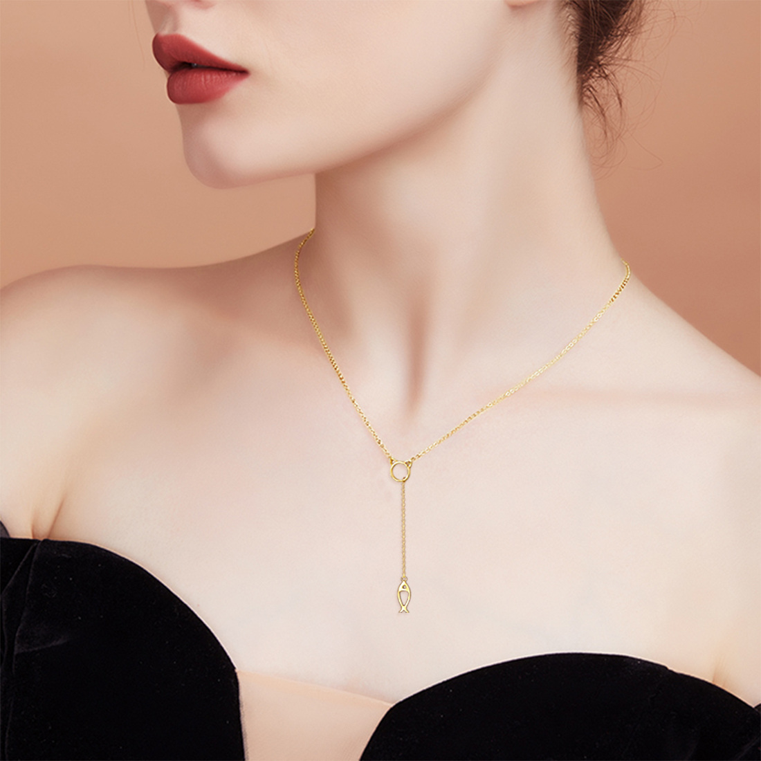 Colar Lariat com pingente de gato em ouro 14K para mulheres-2