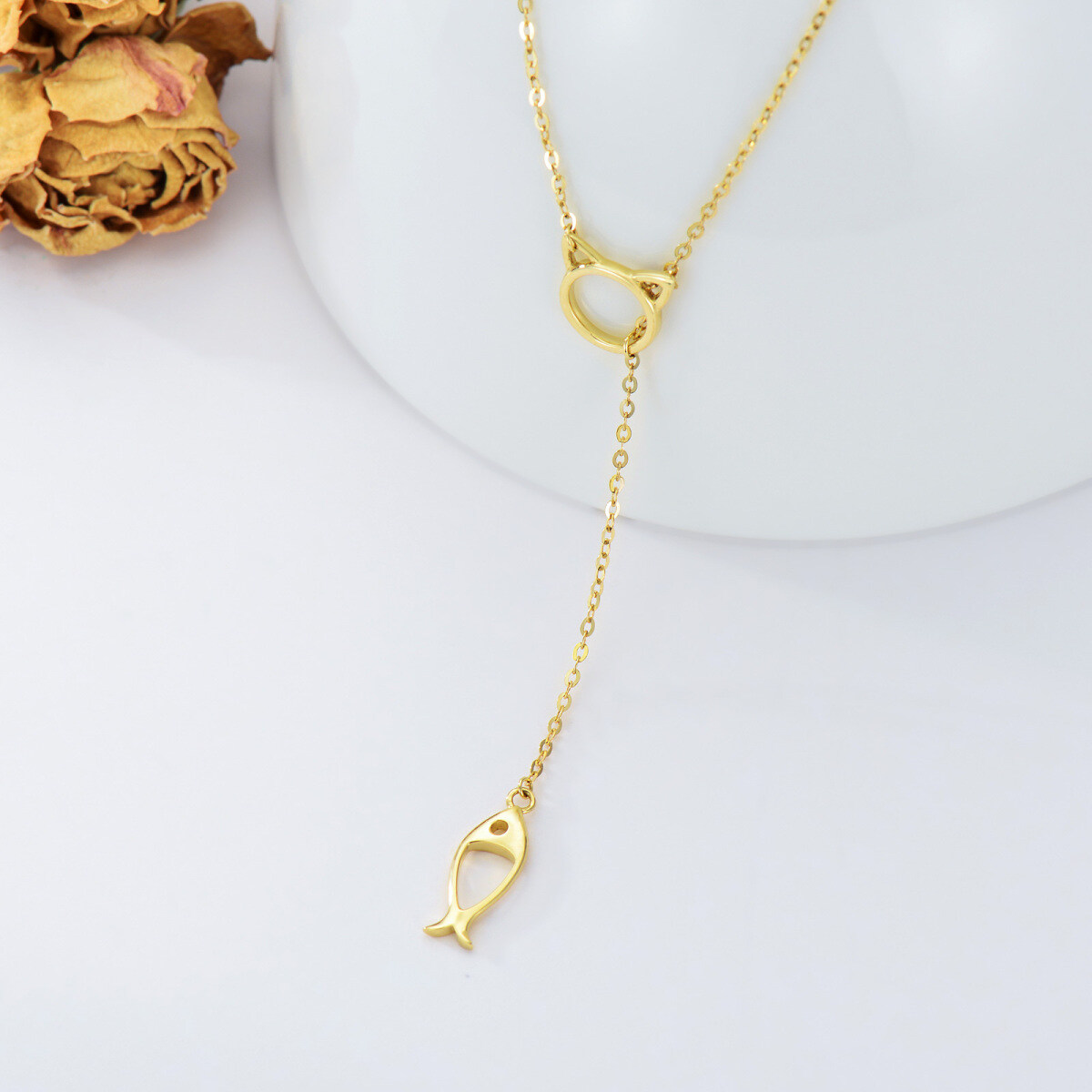 Collier en Y non réglable en or 14K en forme de poisson-3