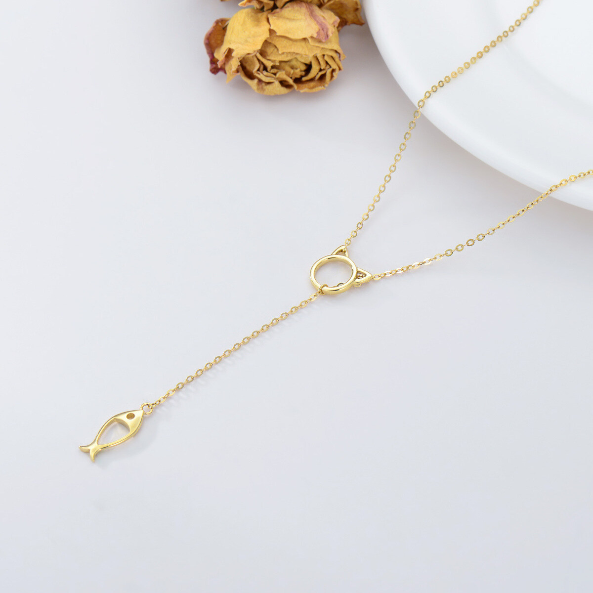 Colar Lariat com pingente de gato em ouro 14K para mulheres-4