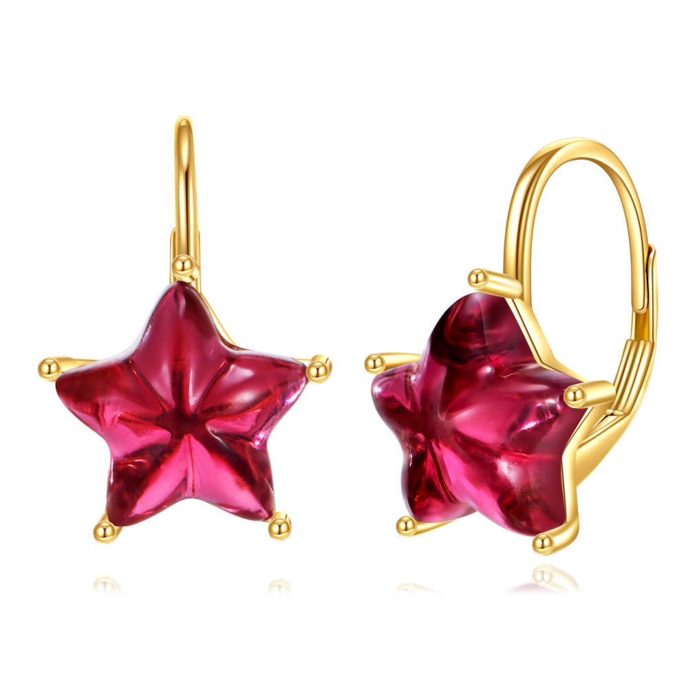 10K Gold Star Garnet Five-Pointed Lever-Back Earrings For Women Best Friends-1