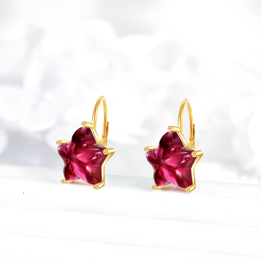 10K Gold Star Garnet Five-Pointed Lever-Back Earrings For Women Best Friends-3