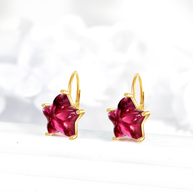 14K Gold Five-Pointed Star Shaped Garnet Star Lever-back Earrings-3