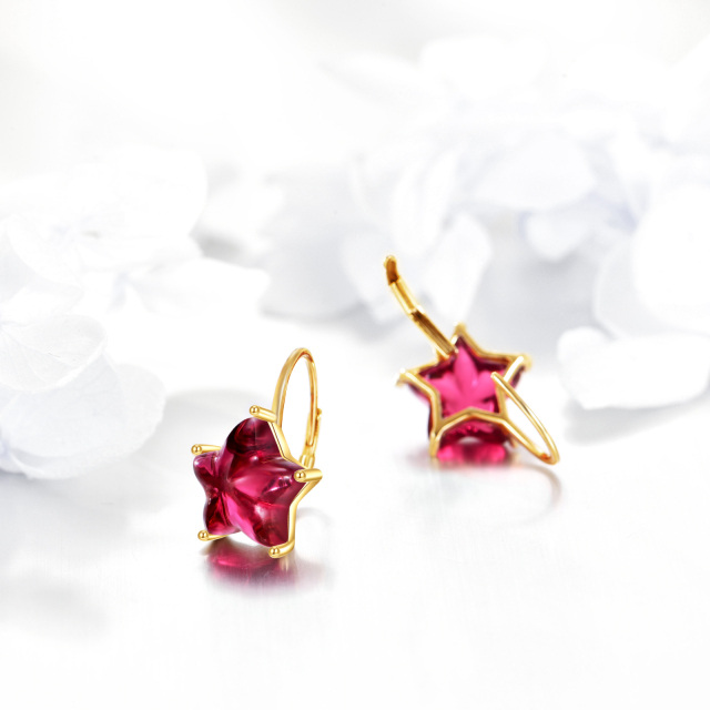 14K Gold Five-Pointed Star Shaped Garnet Star Lever-back Earrings-4