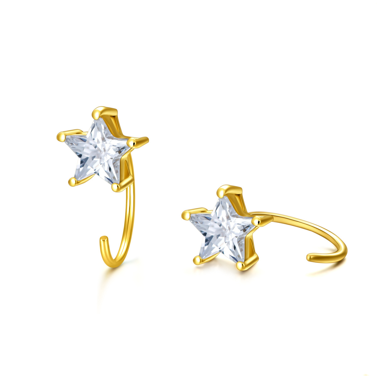 Brincos de meia argola com estrela de cinco pontas em ouro 14K com zircônia de grau 5A-1