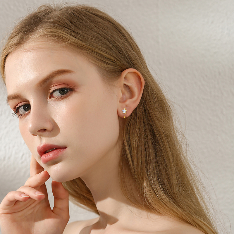 10K Gold Five-Pointed Star Stud Half Hoop Earrings With 5A Grade Zircon-2