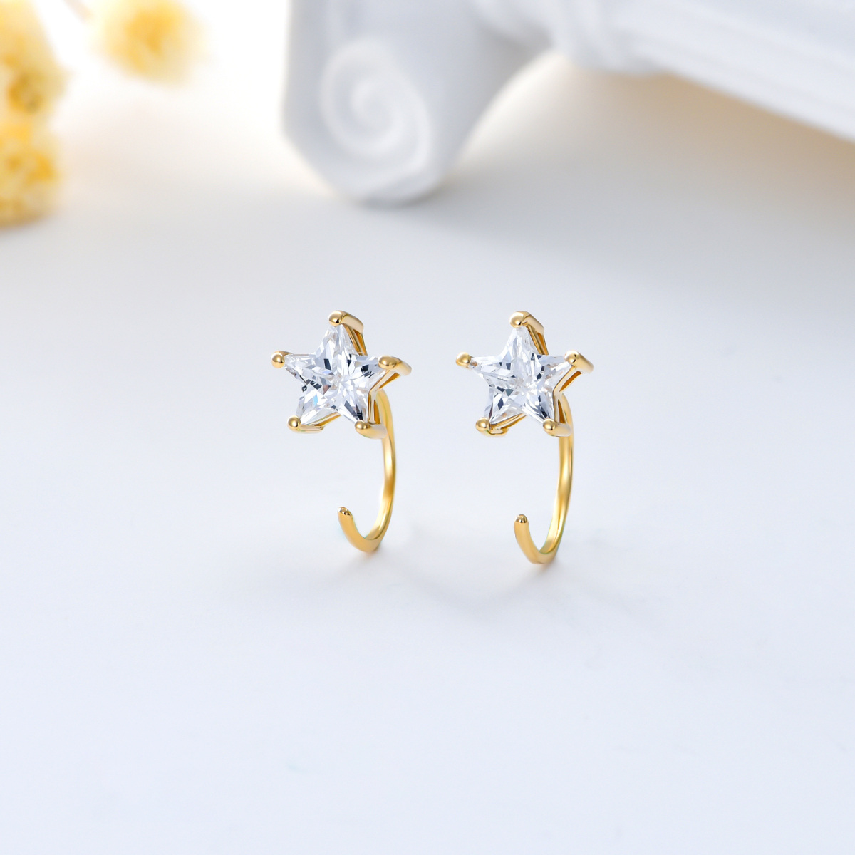 10K Gold Five-Pointed Star Stud Half Hoop Earrings With 5A Grade Zircon-3