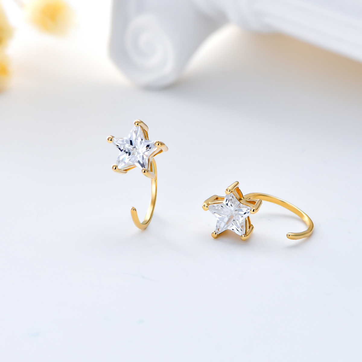 10K Gold Five-Pointed Star Stud Half Hoop Earrings With 5A Grade Zircon-4