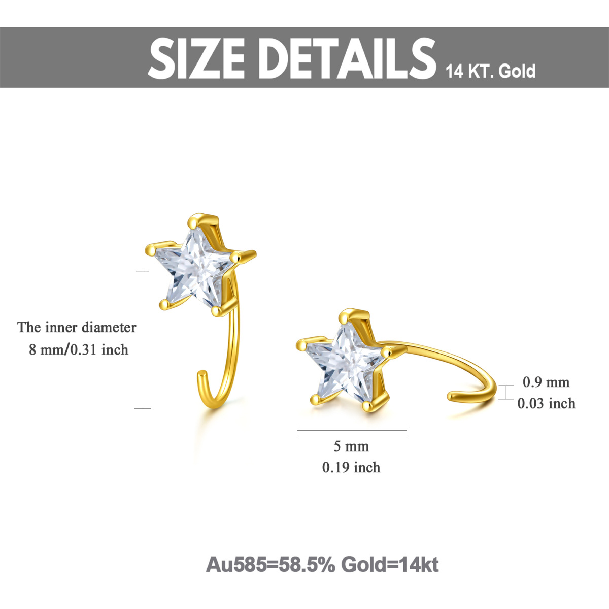 10K Gold Five-Pointed Star Stud Half Hoop Earrings With 5A Grade Zircon-5