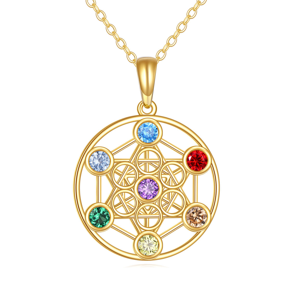 14K Gold Cubic Zirconia Flower Of Life & Chakras Pendant Necklace-1