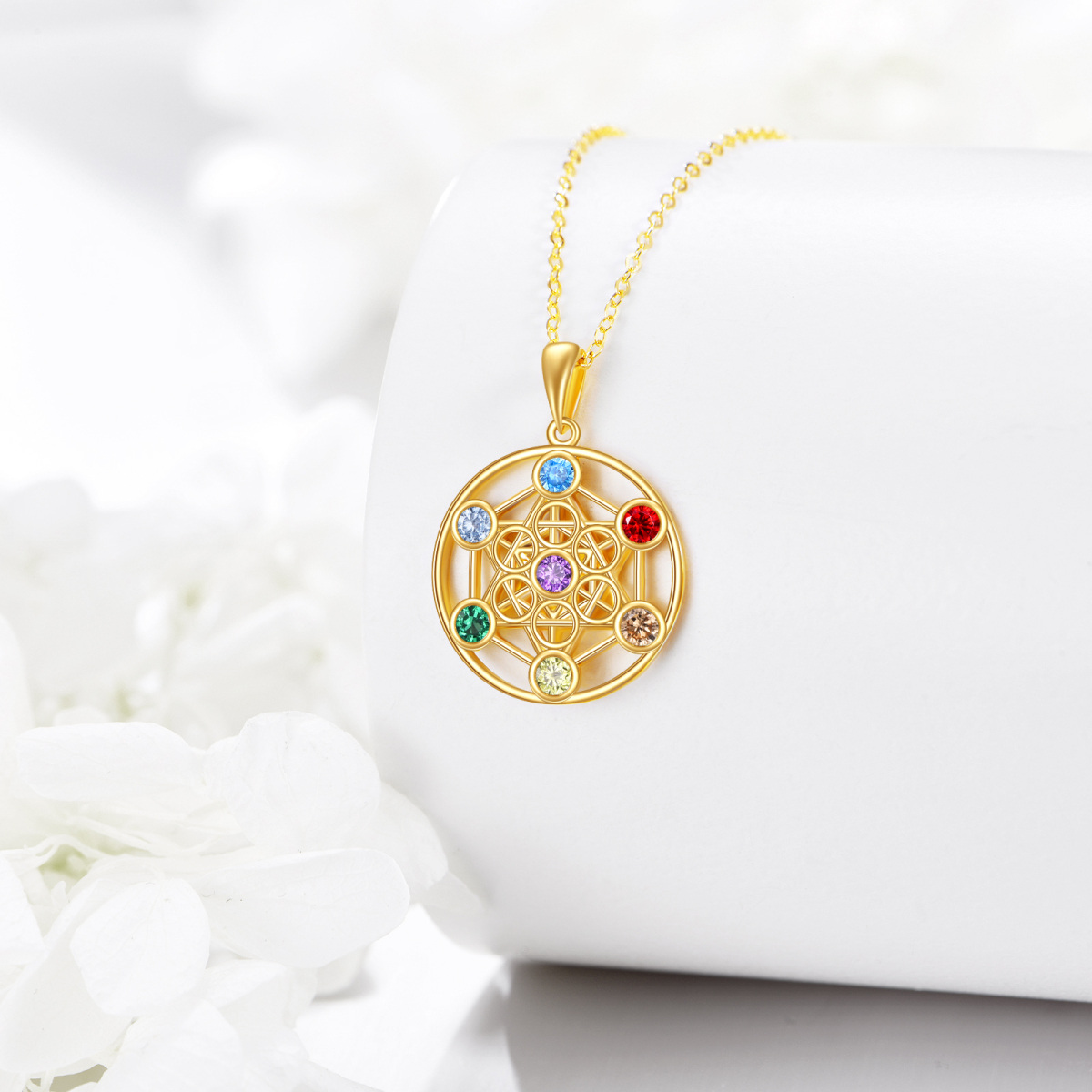 Colar com pingente de chakras de zircônia cúbica de ouro 10K com flor da vida-3