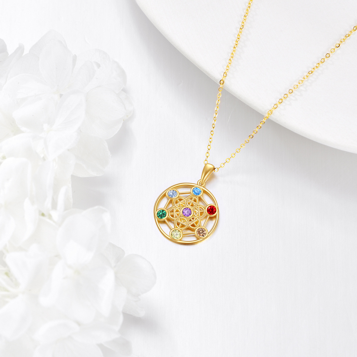 18K Gold Cubic Zirconia Flower Of Life & Chakras Pendant Necklace-4