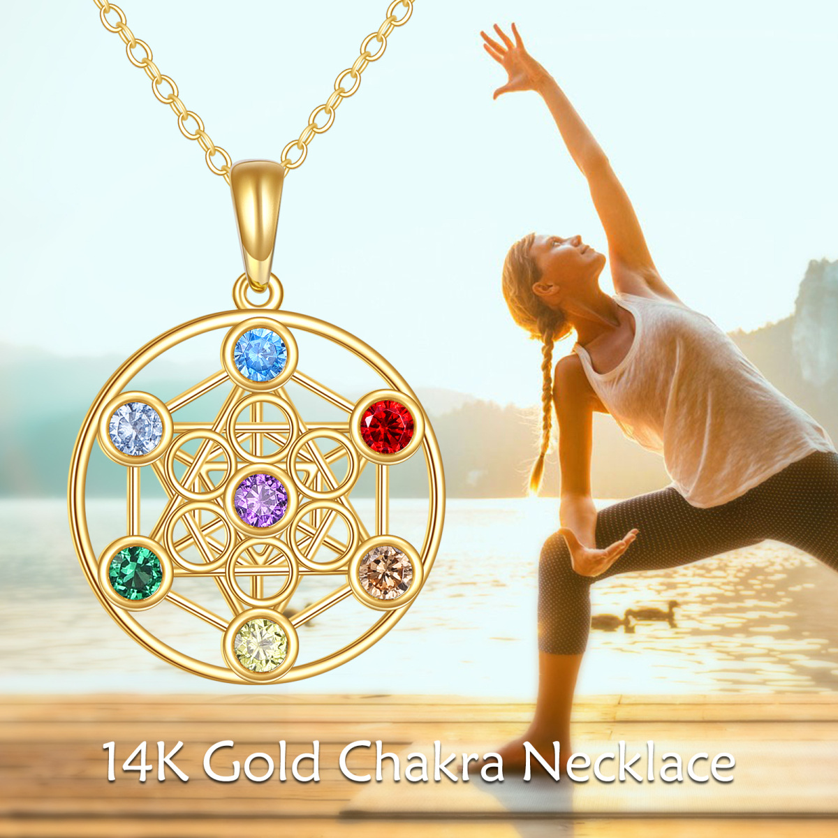 14K Gold Cubic Zirconia Flower Of Life & Chakras Pendant Necklace-6