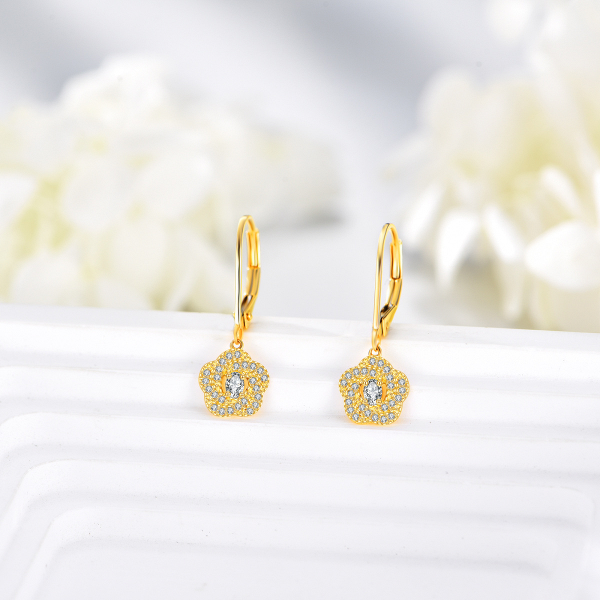 10K Gold Cubic Zirconia Flower Of Life Drop Earrings-4