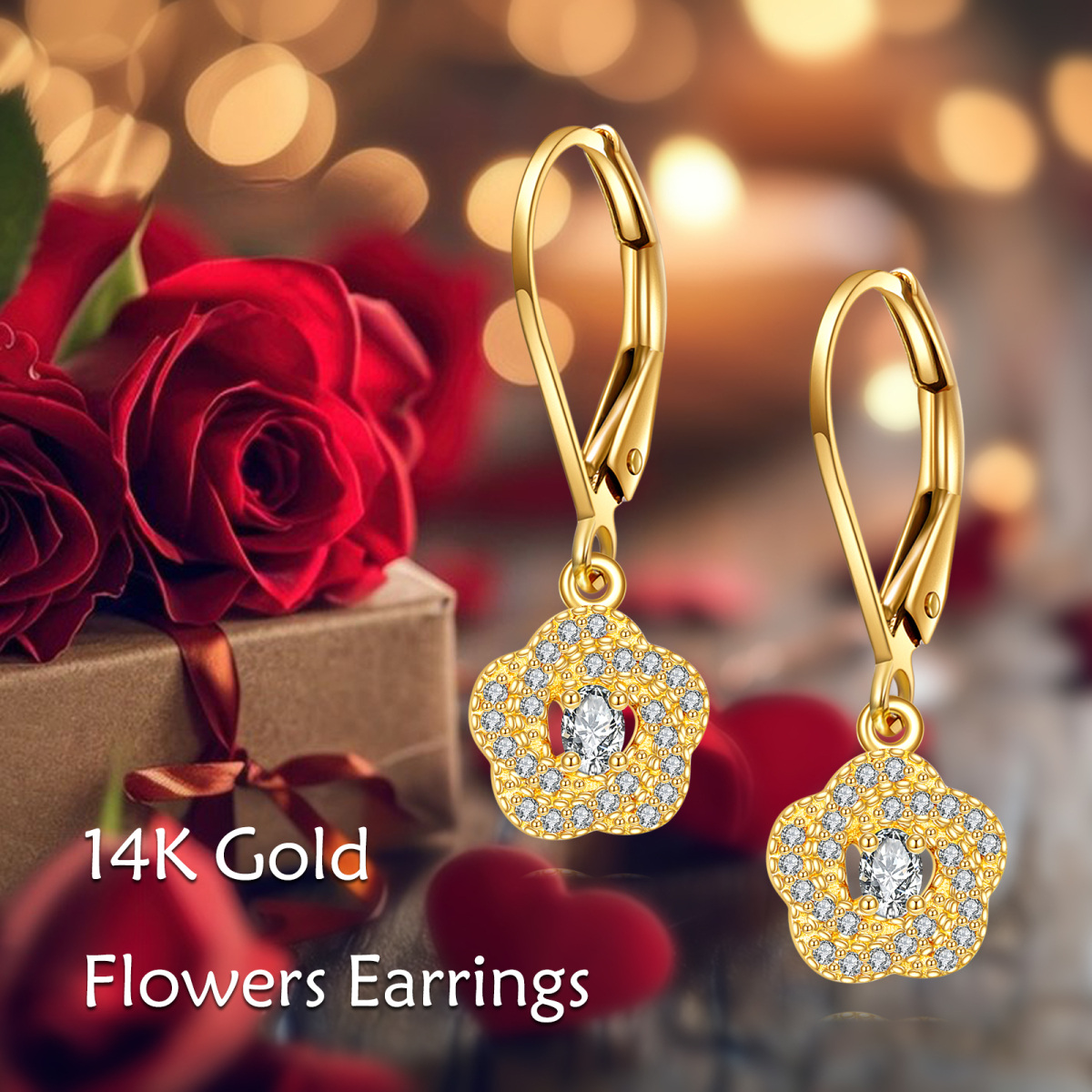 10K Gold Cubic Zirconia Flower Of Life Drop Earrings-6