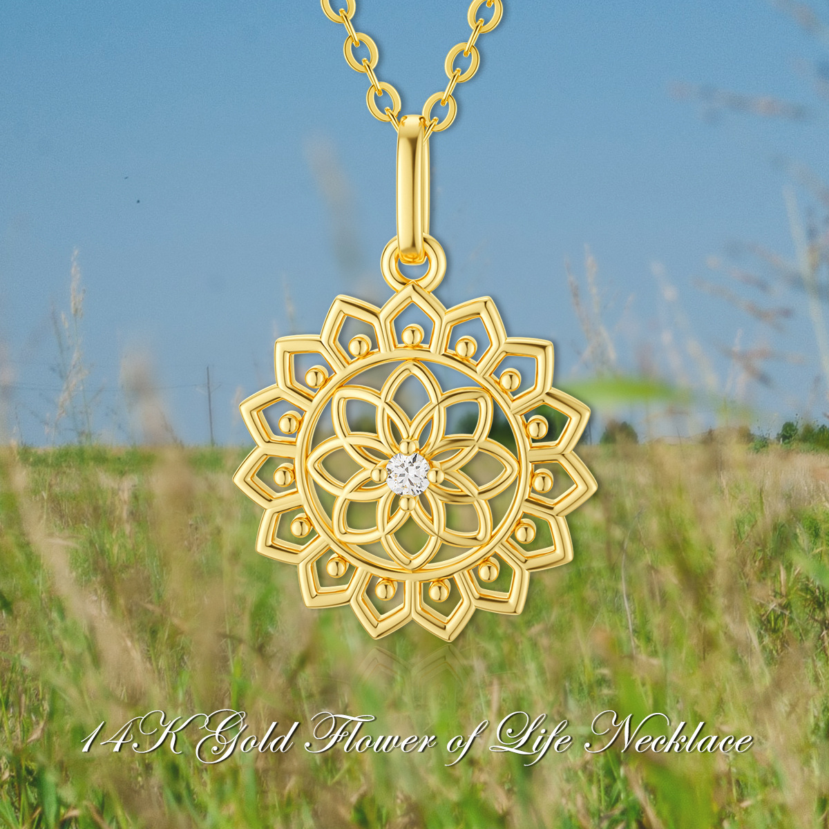 Collier pendentif fleur de vie en or 14K à zircon cubique-6