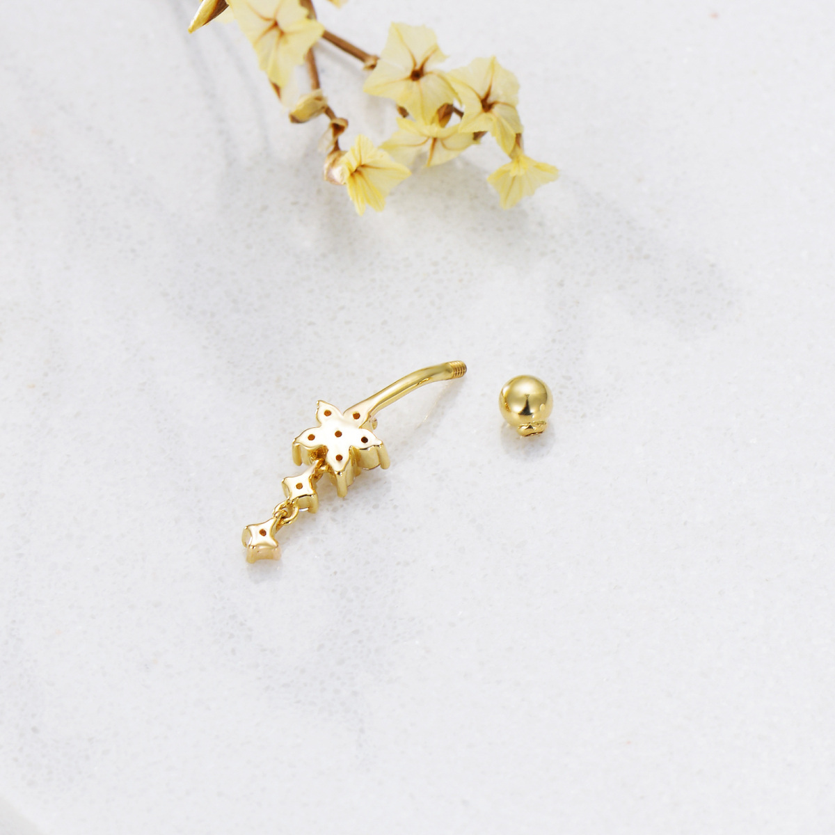 14K Gold Cubic Flower Shaped Zirconia Belly Button Ring-4