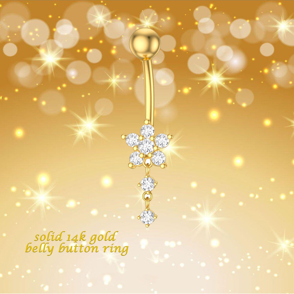 10K Gold Cubic Flower Shaped Zirconia Belly Button Ring-5