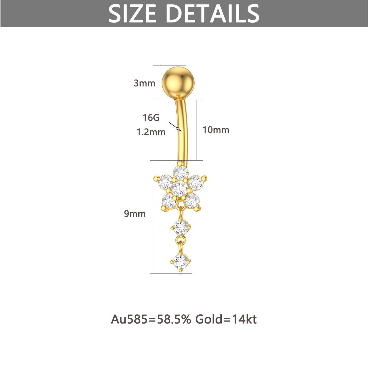 10K Gold Cubic Flower Shaped Zirconia Belly Button Ring-6