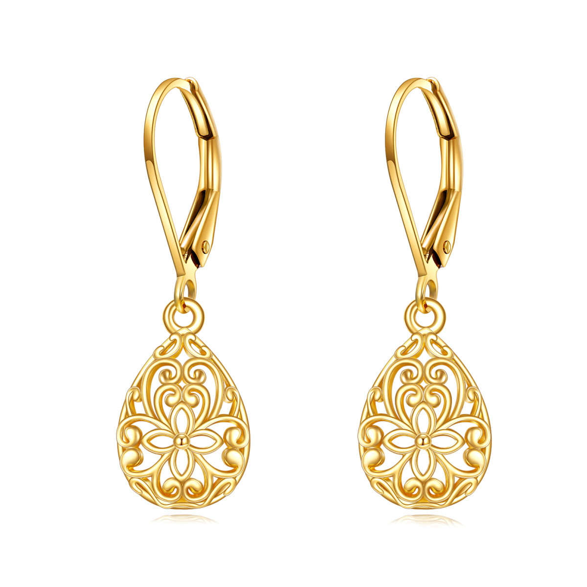 10K Gold Flowers Drop Lever-back Earrings for Women-1