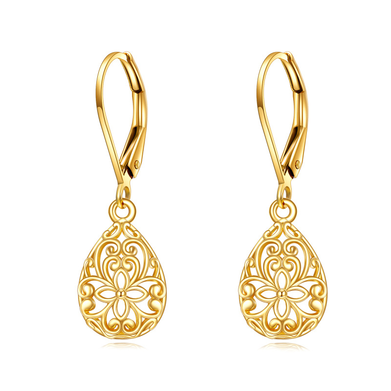 10K Gold Flowers Drop Lever-back Earrings for Women-4