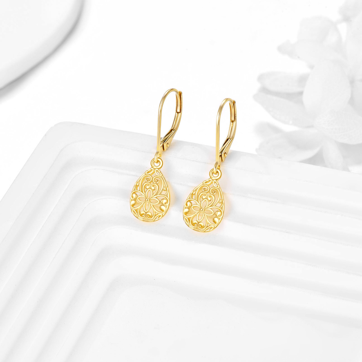 10K Gold Flowers Drop Lever-back Earrings for Women-3