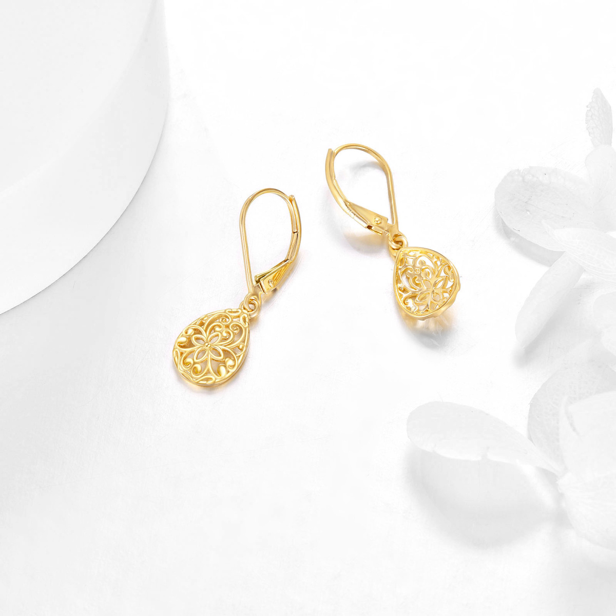 10K Gold Flowers Drop Lever-back Earrings for Women-4