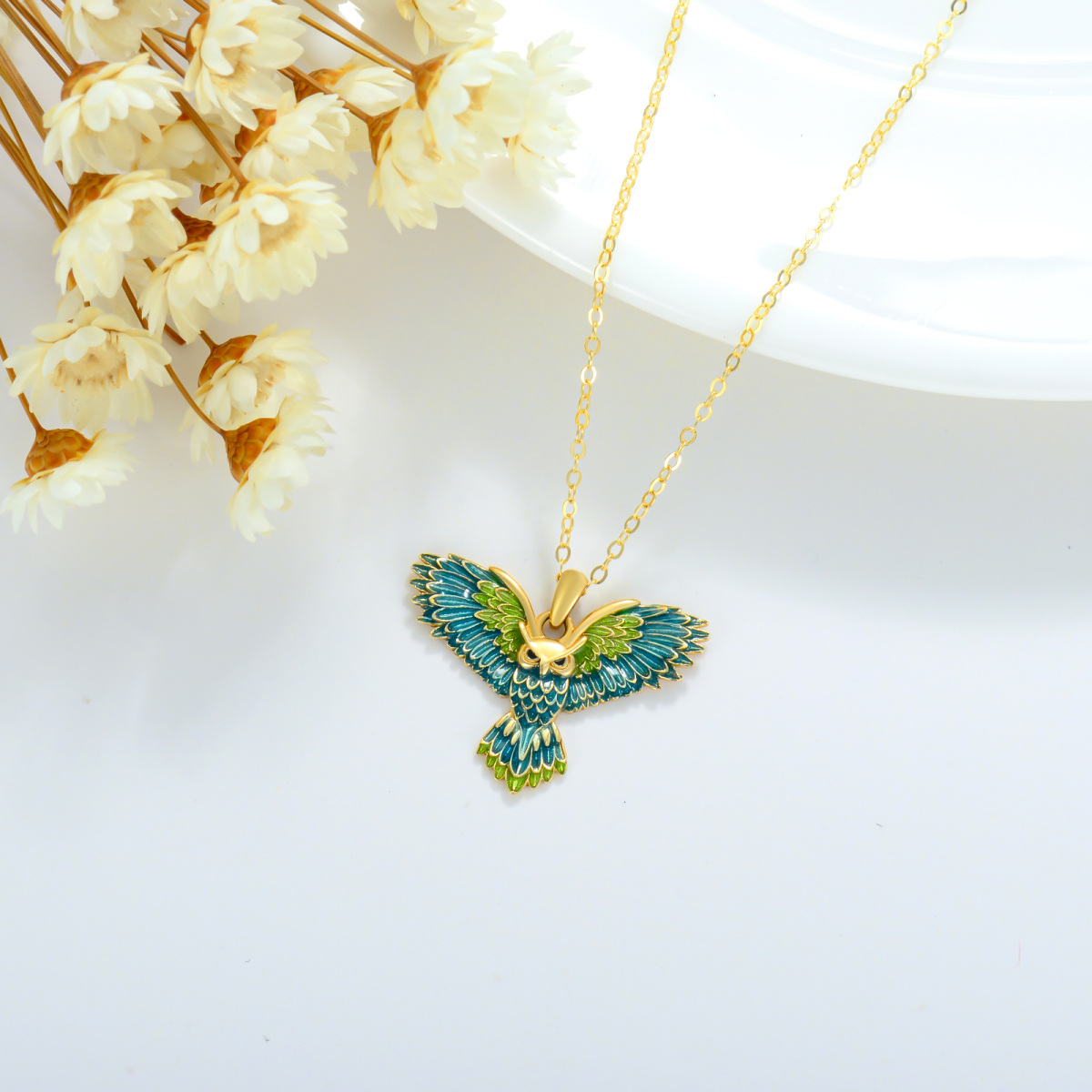 14K Gold Flying Owl Pendant Necklace-3