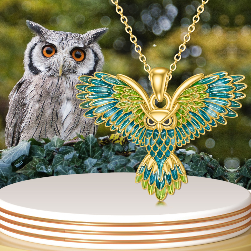 10K Gold Flying Owl Pendant Necklace-5