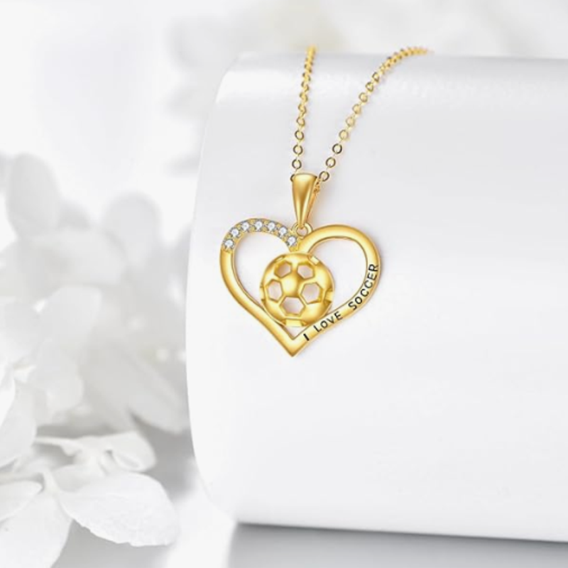 10K Gold Cubic Zirconia Football Heart Necklace for Women-3