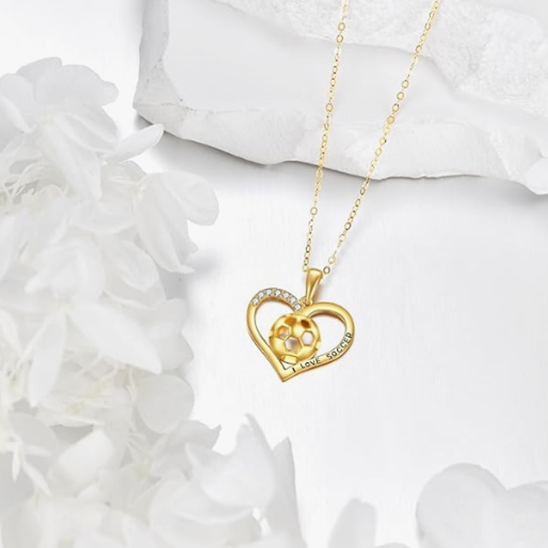 10K Gold Cubic Zirconia Football Heart Necklace for Women-4