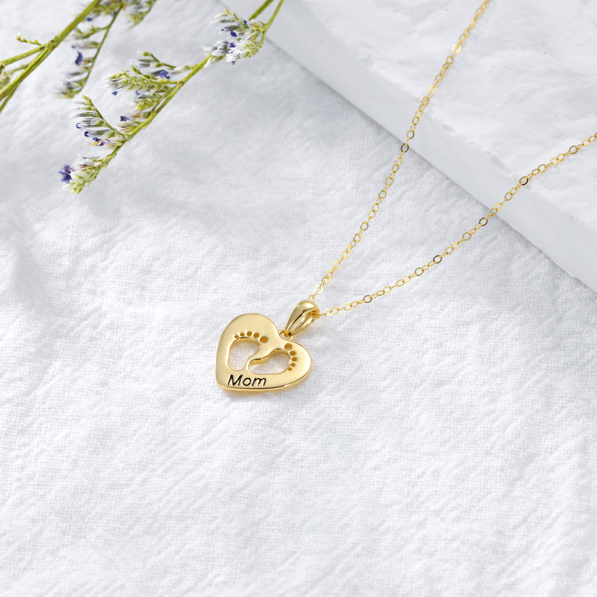 14K Gold Footprints & Heart Pendant Necklace-4