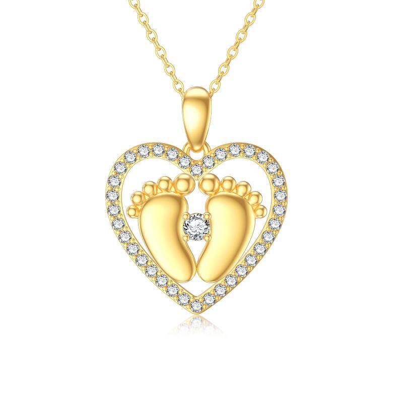 18K Gold Cubic Zirconia Footprints & Heart Pendant Necklace-1