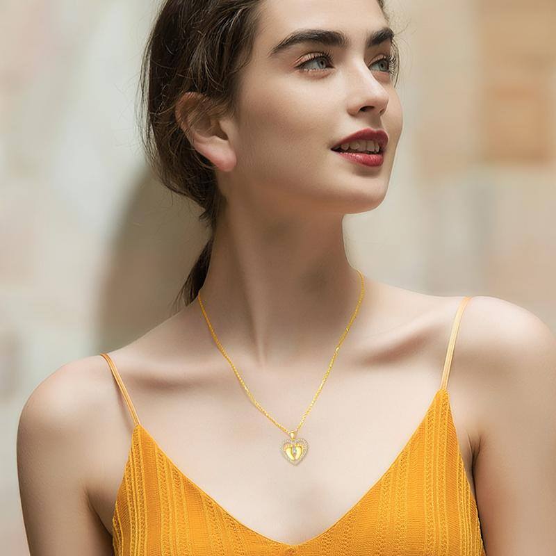 18K Gold Cubic Zirconia Footprints & Heart Pendant Necklace-2