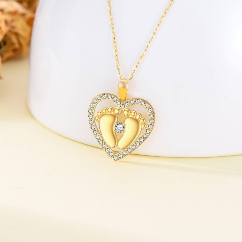 18K Gold Cubic Zirconia Footprints & Heart Pendant Necklace-3