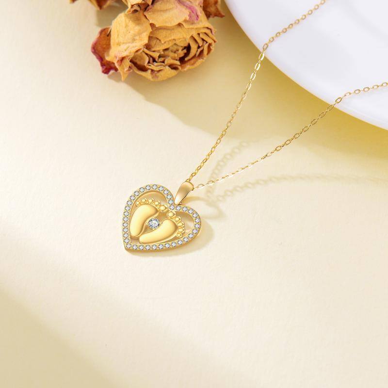 18K Gold Cubic Zirconia Footprints & Heart Pendant Necklace-4