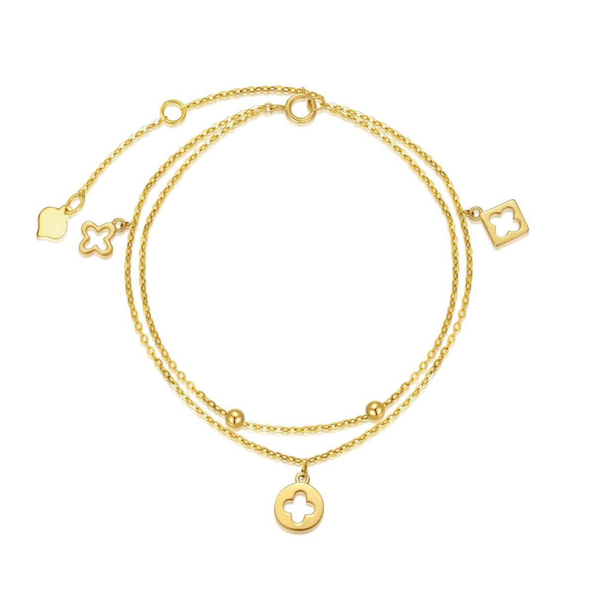 10K Solid Gold Four Leaf Clover Cross Layered Charm Bracelet Anklet-1