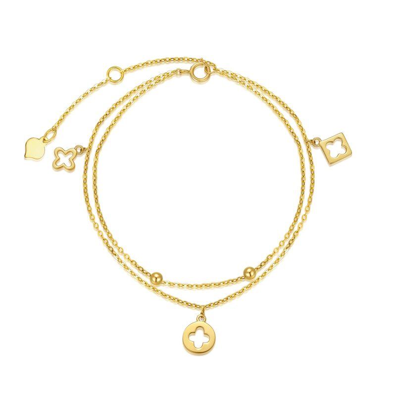 Bracciale con ciondolo a forma di quadrifoglio e perline e croce in oro 14K