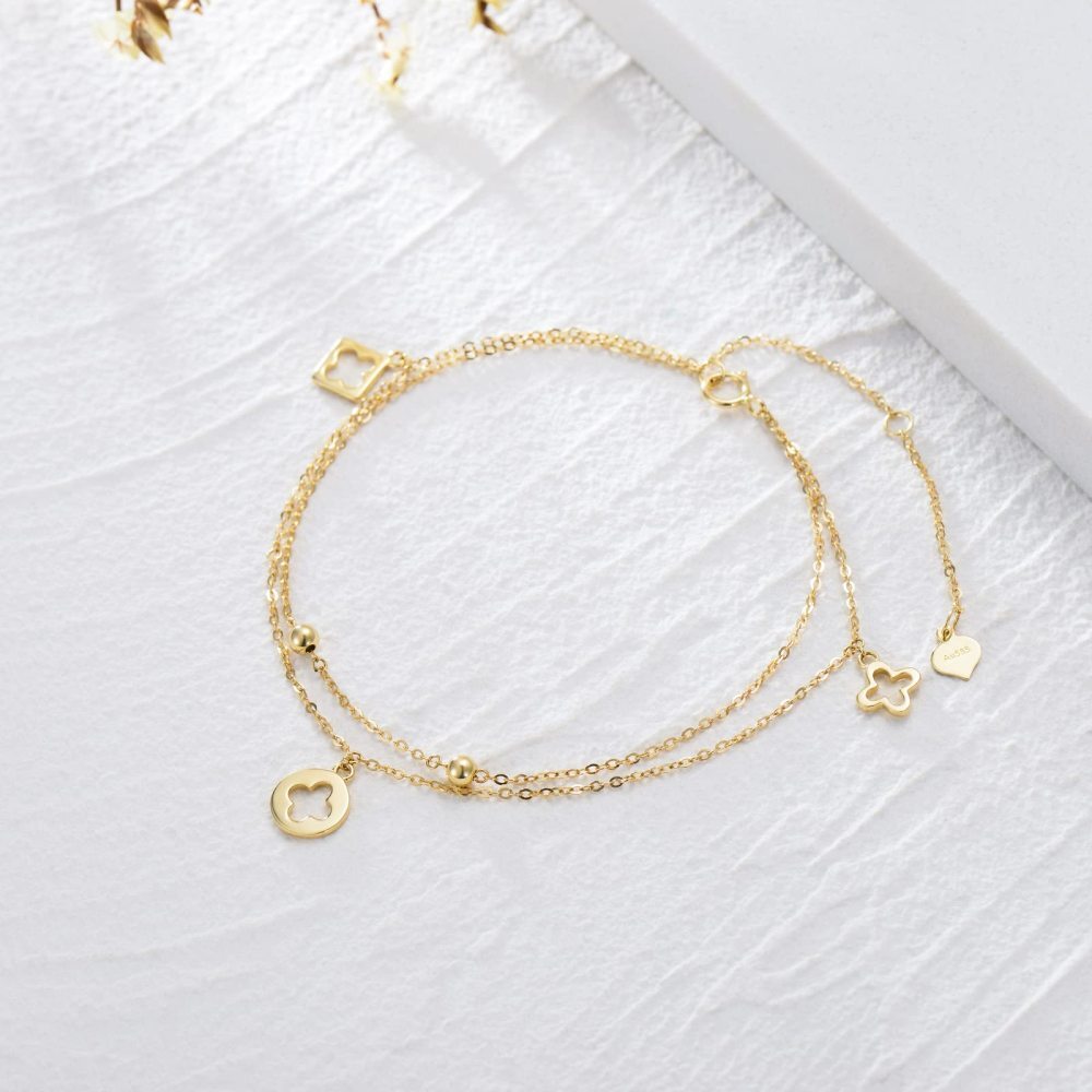 10K Massives Gold Vierblättriges Kleeblatt-Kreuz-Charm-Armband-Fußkettchen-3